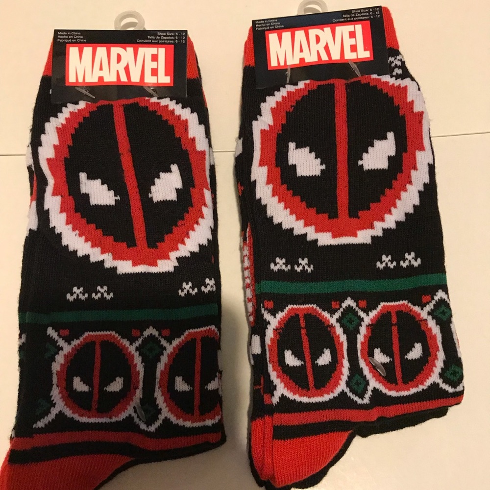 DEADPOOL XMAS SOCKS. Two pairs. Adult size 6-12